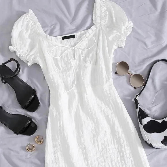 white beach dress shein La Femme Open-Back Short Beaded-Bodice Party Dress main image 0